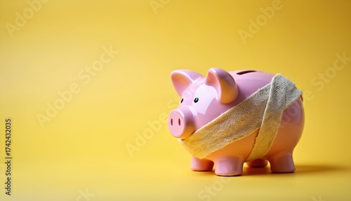Pink piggy bank with bandage across body on yellow background. Image financial struggles economic challenges, money protection. Used for finance banking insurance budget concept for articles about