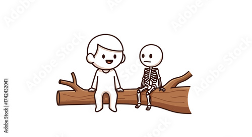 Cartoon figures human and skeleton seated on a branch contemplating life's journey
