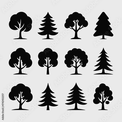 Diverse collection of scalable tree silhouettes vector illustration for eps export silhouette vector illustration white background