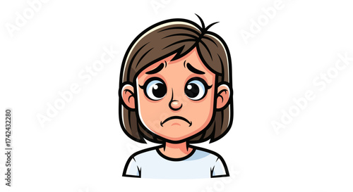 Cartoon illustration depicting a young woman with an expression of sorrow or sadness in her eyes