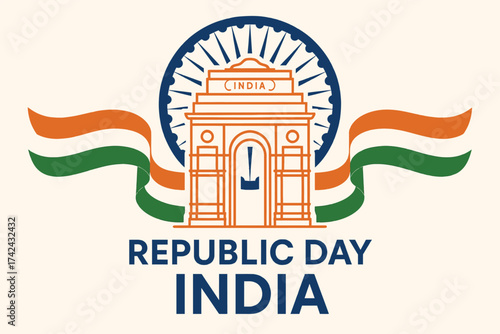 Republic Day (India) featuring abstract geometric elements in orange, green, and blue tones (not exact flag arrangement). Place a central decorative wheel-inspired mandala (not identical Ashoka Chakra