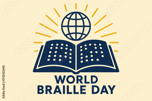 illustration of an open book with raised Braille dots on the pages, placed at the center. Behind it, a subtle globe icon symbolizing global awareness. Clean minimal layout with bold text World Braille