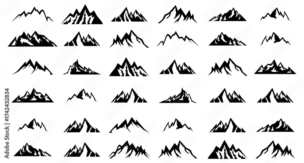 Fototapeta premium Set of 36 black mountain silhouettes collection vector mountain icon set, hiking hill peak, forest nature landscape, hiking, camping and outdoor adventure logo template. Isolated in white background.