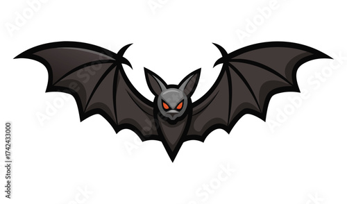 Stylized illustration of a spooky bat with spread wings and glowing red eyes