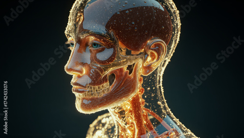 Digital CGI image of a human head and neck in a semi-transparent, glowing, anatomical style. The subject is viewed in profile, facing left, with a detailed focus on the facial structure, skull, and