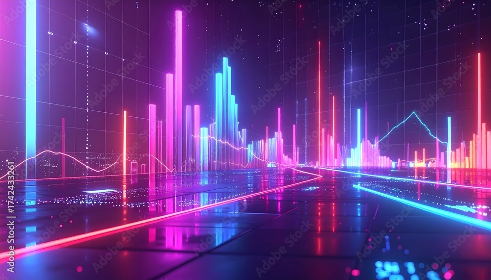 Naklejka premium Vibrant digital metropolis with glowing data graphs and futuristic light effects