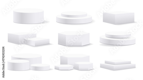 3D white podium and pedestal set. Collection of realistic geometric display shapes including cylinders, cubes, hexagons, and round platforms. Minimal modern mockup bases for product presentation, exhi