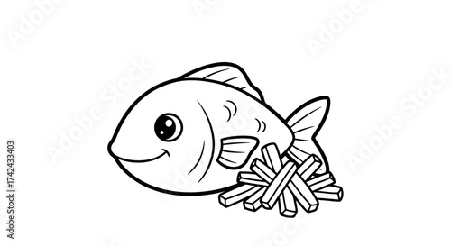 Charming Cartoon Fish with French Fries, a Delightful Black and White Illustration