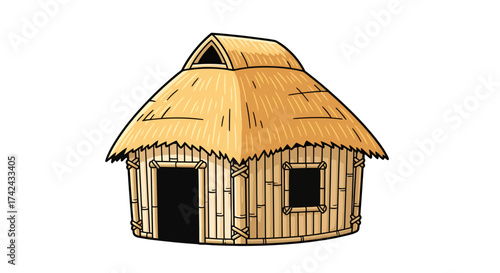 Charming cartoon illustration depicting a quaint bamboo hut with thatched roofing ideal for
