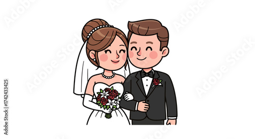 Charming cartoon illustration featuring a newlywed couple in elegant attire smiling gently