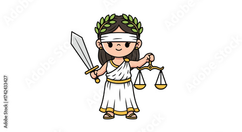 Charming Cartoon Lady Justice Illustration with Sword and Scales on White Background