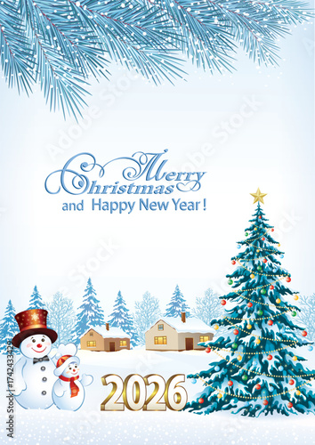 Happy New Year 2026 card. Christmas tree and snowmen on winter snowy landscape. 3D vector illustration for the winter holidays.