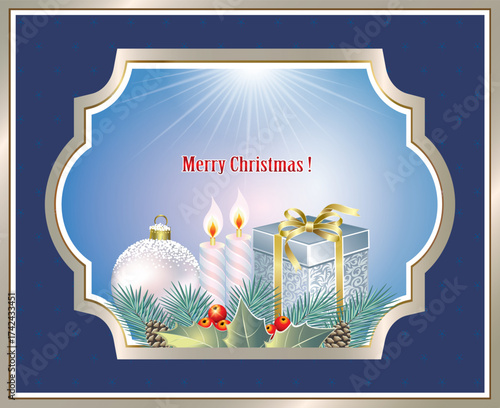 Merry Christmas 2026. Greeting card with gift box, candles and Christmas tree ball in golden figured frame. Holiday background is decorated with fir branches and rowan berries. Vector illustration