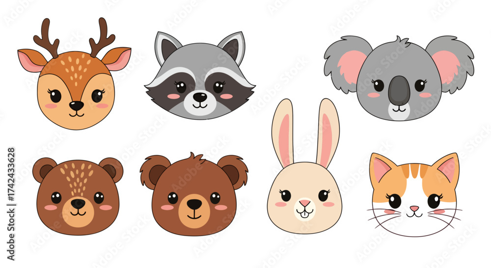 Fototapeta premium Charming collection of whimsical animal faces for delightful designs and illustrations