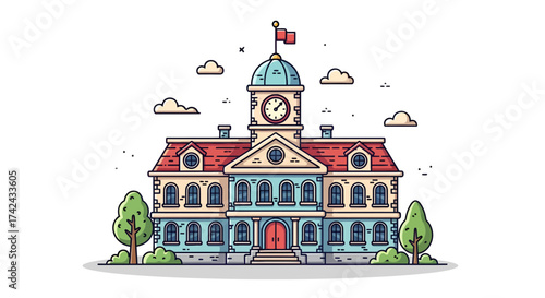Charming cartoon illustration of a stately building with a clock tower and flags
