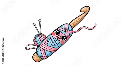 Charming crochet hook and yarn ball duo with endearing facial expressions on white backdrop
