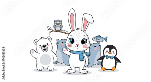 Charming group of winter animals illustration perfect for children's storybooks and decorations