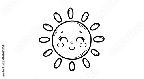 Charming monochrome sun with radiant smile and eyelash detail radiating summer joy illustration