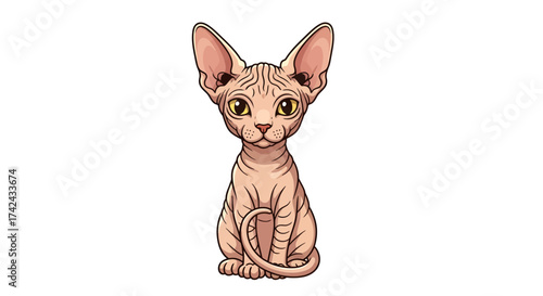 Charming sphynx cartoon depiction with detailed line work and big ears showcasing feline elegance