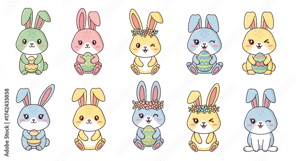 Obraz premium Collection of adorable cartoon easter bunnies holding colorful eggs on a white background