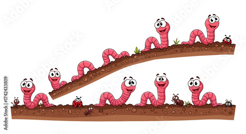 Cheerful cartoon worms interacting with insects on mounds of soil, against a white background a