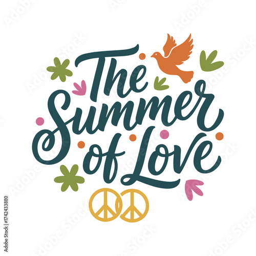 This vintage-inspired design features the phrase 'The Summer of Love' with a flying bird and flowers, reflecting a hippie style with peace symbols.
