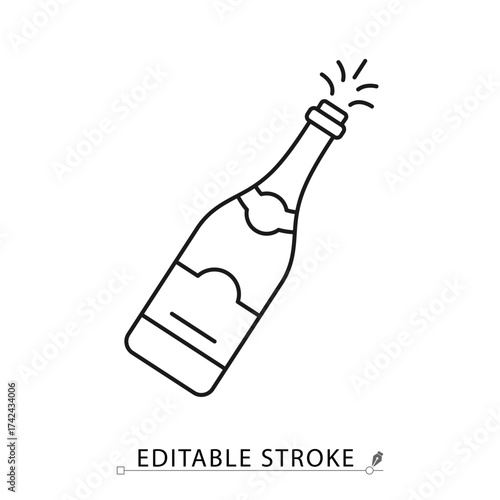 A champagne bottle icon in a minimalist line style with editable stroke. Celebration drink, party alcohol beverage, wedding event, new year sparkling wine, luxury anniversary toast.