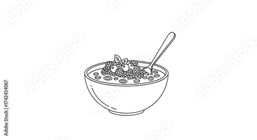 Hand drawn bowl of healthy oatmeal porridge with berries minimalist style line art
