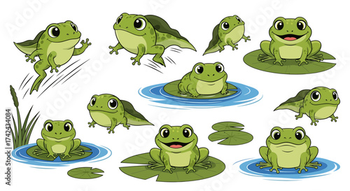 Collection of cheerful green frogs in various poses, showcasing their amphibious charm and