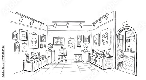 Hand drawn art gallery interior illustration featuring artwork and decorative elements with a