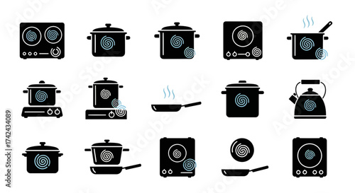 Collection of stylized kitchenware icons featuring cookware on a white background layout