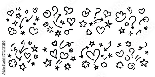 Collection of hand drawn doodle elements including hearts stars arrows and question marks