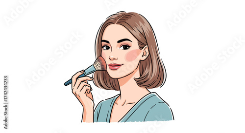 Illustration of a stylish woman applying blush with a makeup brush with short hair