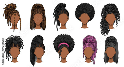 Illustrations showcasing various braided and natural hairstyles for dark-skinned women's avatars