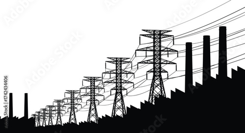 High voltage electricity transmission towers and power lines in industrial area, energy infrastructure, electric grid, power generation, technology concept