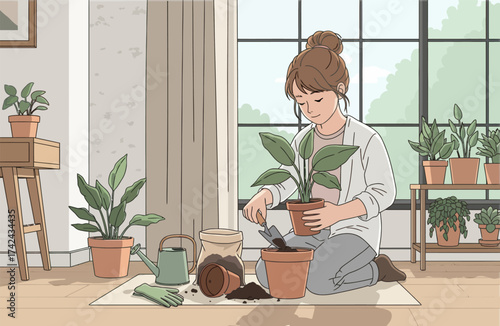 A young woman is repotting indoor plants, placing them into new pots at home.