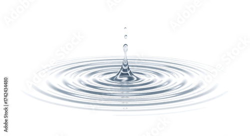 Mesmerizing droplet impact creating concentric ripple patterns on a pure white backdrop