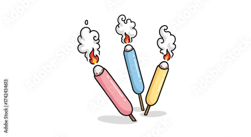 Colorful burning treats creating smoke clouds whimsical cartoon illustration style