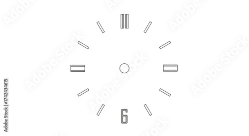 Minimalist time illustration: Clock face design with abstract number and markers on pure white