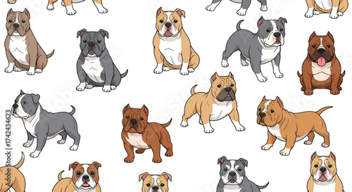 Colorful and Playful Seamless Pattern Featuring Cartoon American Bully Dog Breed Pups
