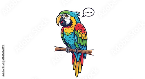 Colorful illustration of a parrot perched on a branch with a thought bubble thinking