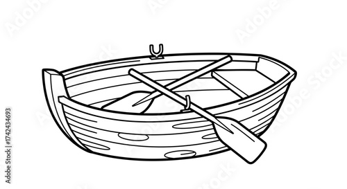 Monochrome illustration showcasing a small rowboat with oars presented on a white backdrop