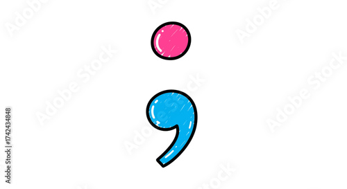 Playful punctuation mark, a semicolon illustrated with vibrant pink and blue hues