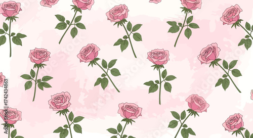 Delicate pink roses with green foliage arranged on a subtle watercolor backdrop evokes elegance