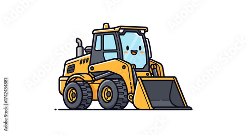 Playful yellow skid steer loader vector illustration with cheerful expression