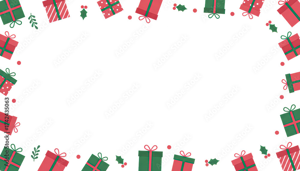 Obraz premium A festive border featuring colorful Christmas gifts and holly, perfect for holiday-themed designs and celebrations.