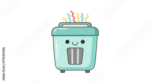 Delightful cartoon rice cooker with a cute smile and vibrant steam emanating from within its