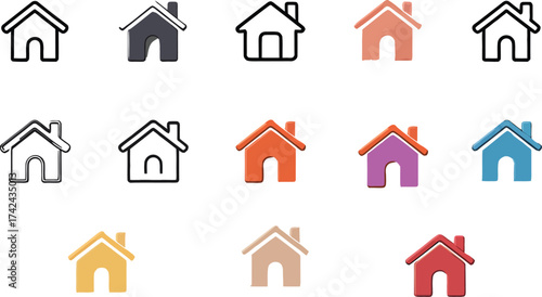 Collection of Home Icons in Various Styles and Colors on White Background