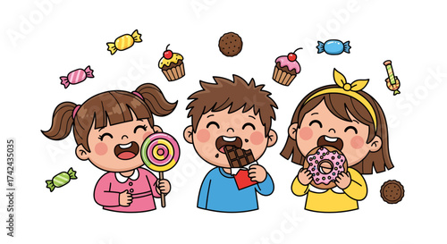 Delightful cartoon of children enjoying sweet treats with colorful candies and desserts