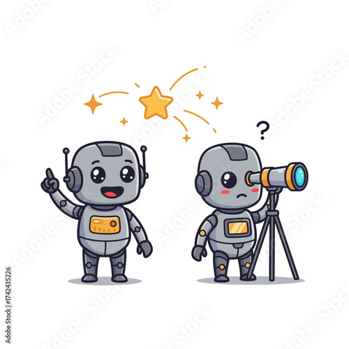A happy cartoon robot points at a shooting star, while a confused robot looks through a telescope, unable to see it.
